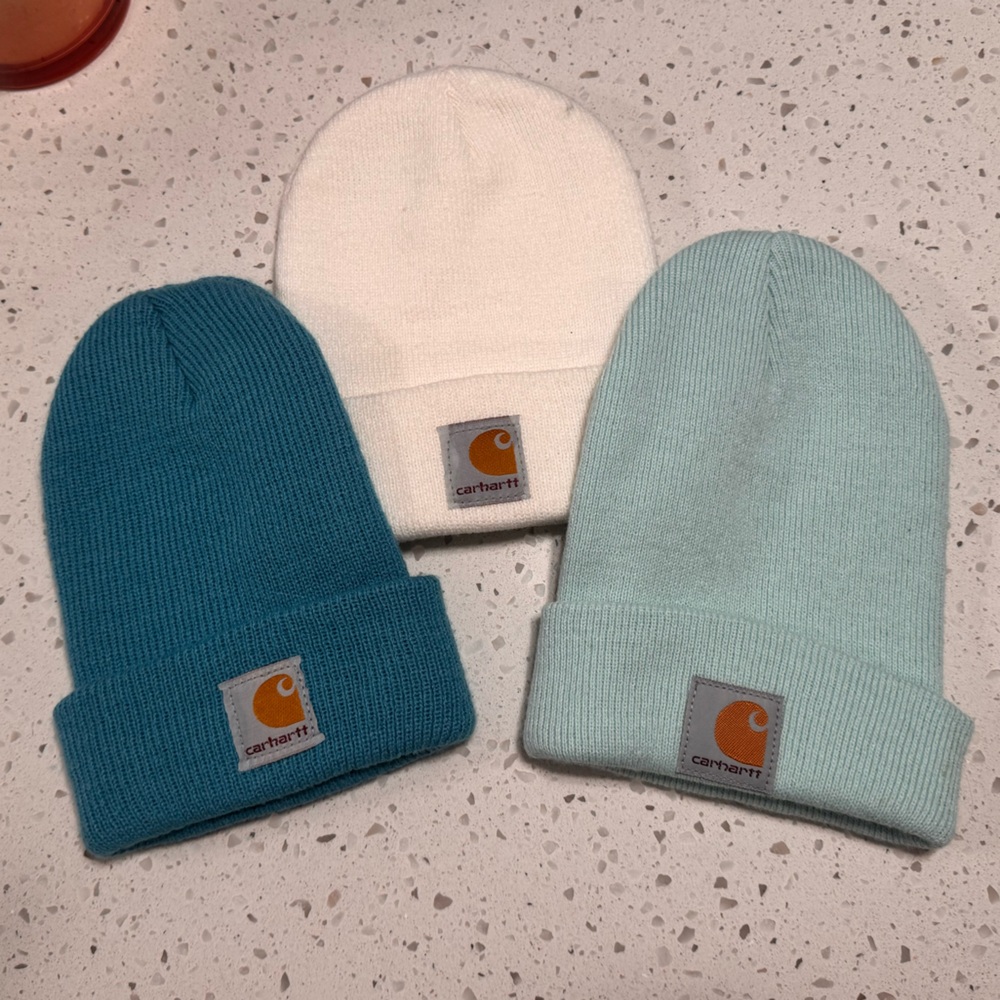Kids Carhartt Dark Blue, Baby Blue, & Cream Knitted Stocking Hats
